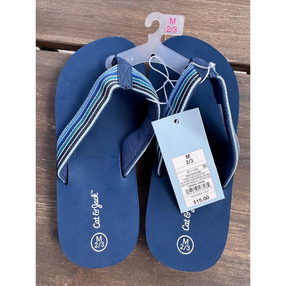 Cat & Jack Boys Navy Blue Striped Fabric Strap Flip Flops Sandals Size M 2/3 NWT
